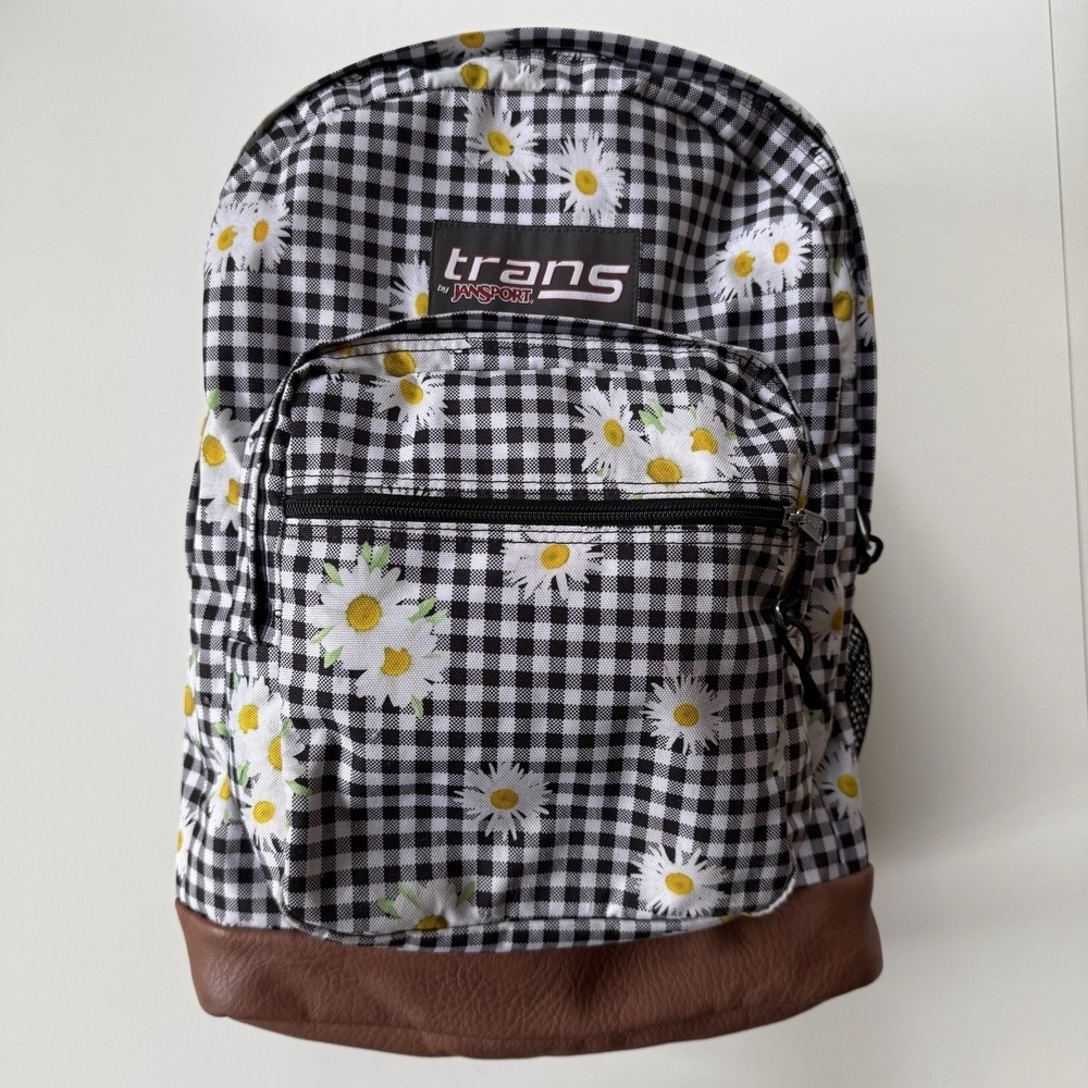Trans by JanSport Backpack Black Gingham Daisy Print Faux Leather 17"